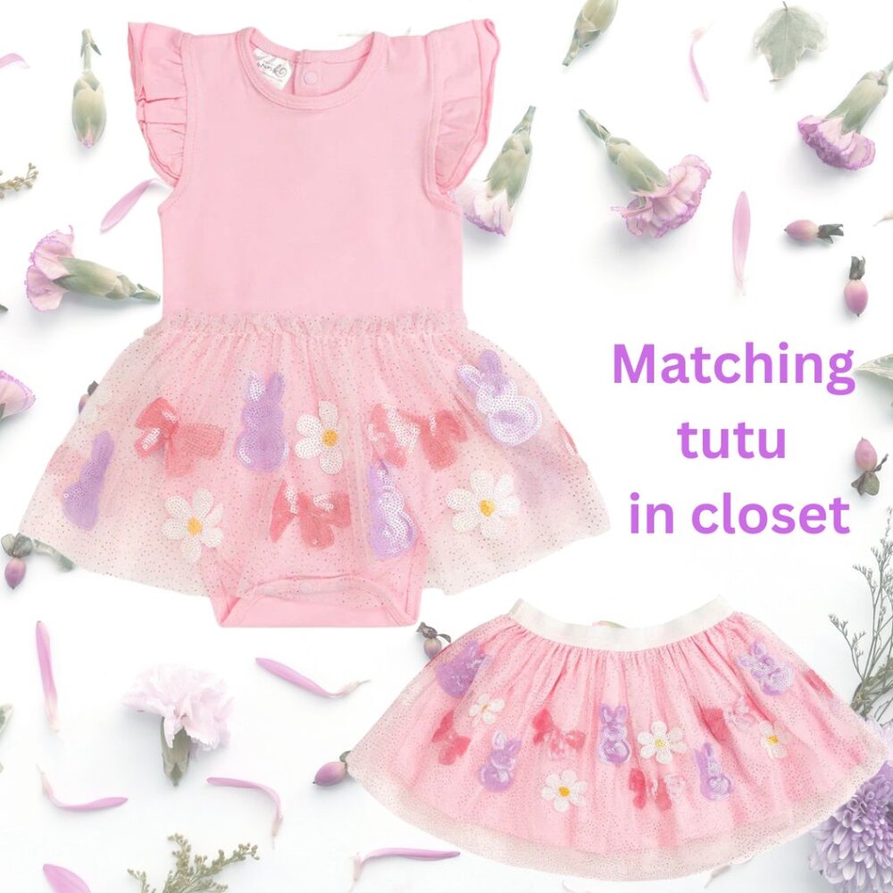 Sweet Wink Bunny Bow Sequin Easter Short Sleeve Tutu Bodysuit
